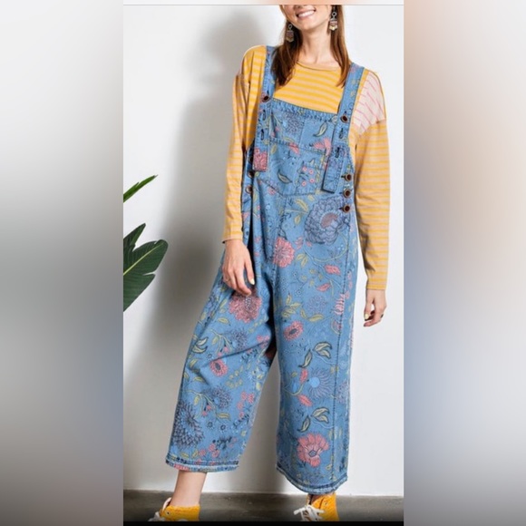 easel Pants & Jumpsuits Easel Floral Denim Cropped Oversized